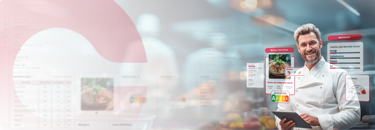 A chef with interactive digital panels showing recipe costing, nutrient breakdown, allergens, and CO₂ meter, promoting CalcMenu’s smart kitchen management features.
