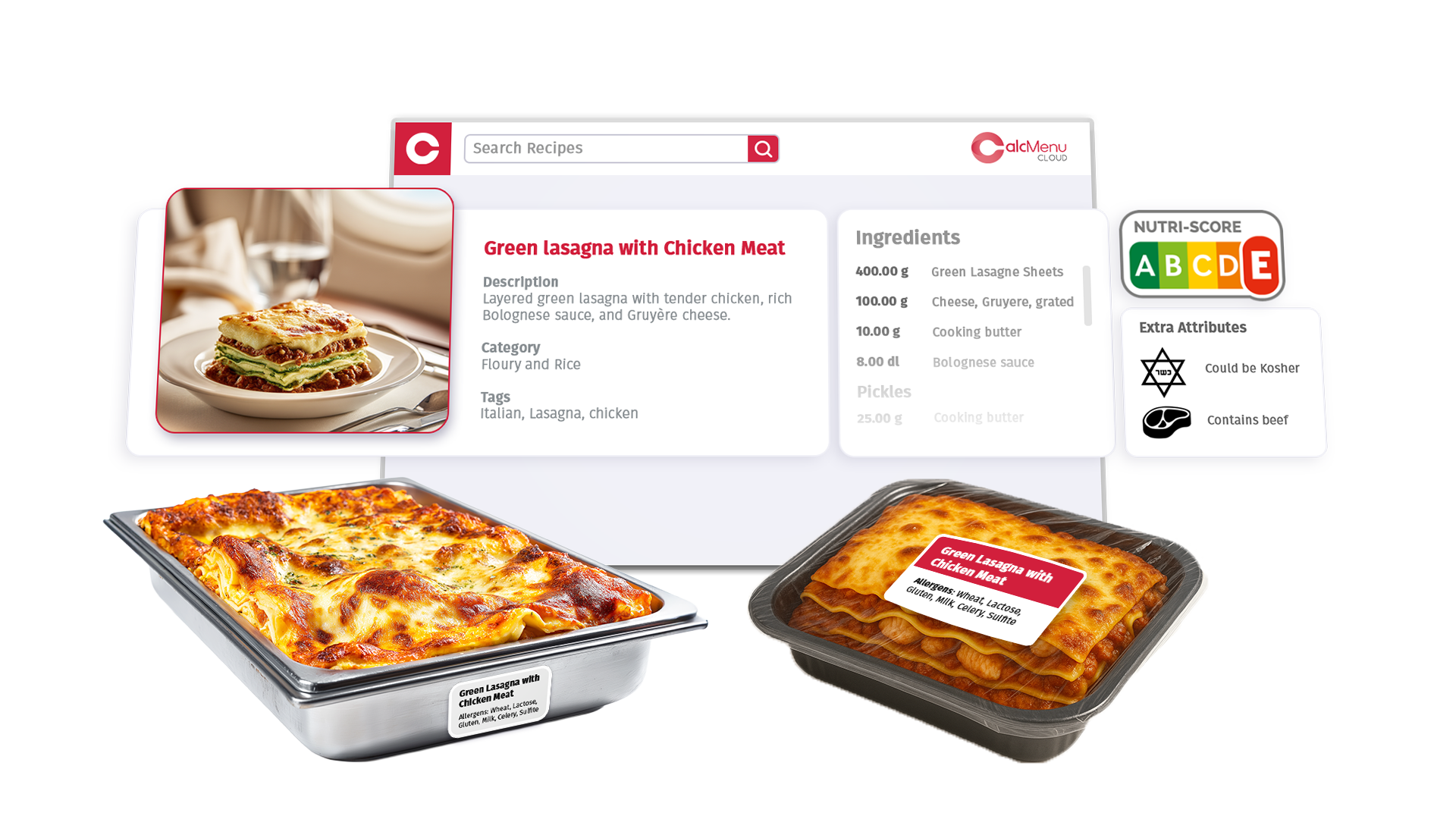 Green lasagna with CalcMenu recipe interface showing ingredients and nutrition details.