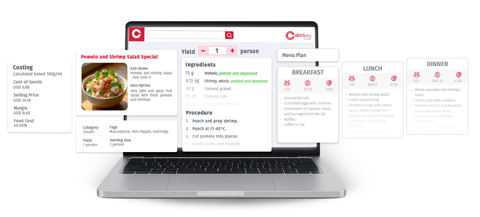 Laptop showing CalcMenu for recipe costing and menu planning in foodservice management.