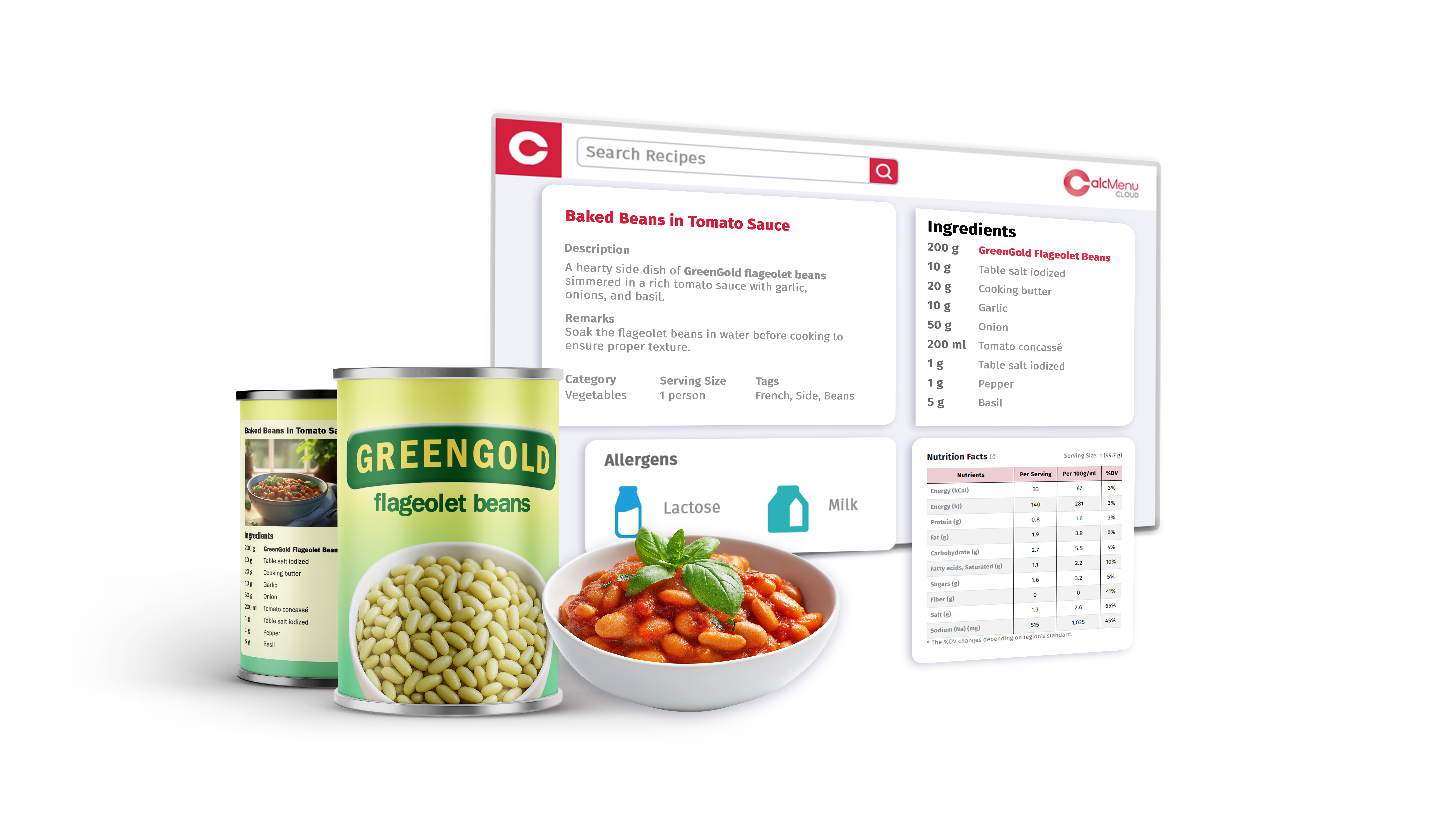 CalcMenu interface displaying a tomato baked beans recipe - includes can of beans photo, tomato sauce, recipe instructions, allergen list, and nutrition facts.
