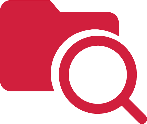 Red folder with magnifying glass icon for managing and searching recipes in CalcMenu.