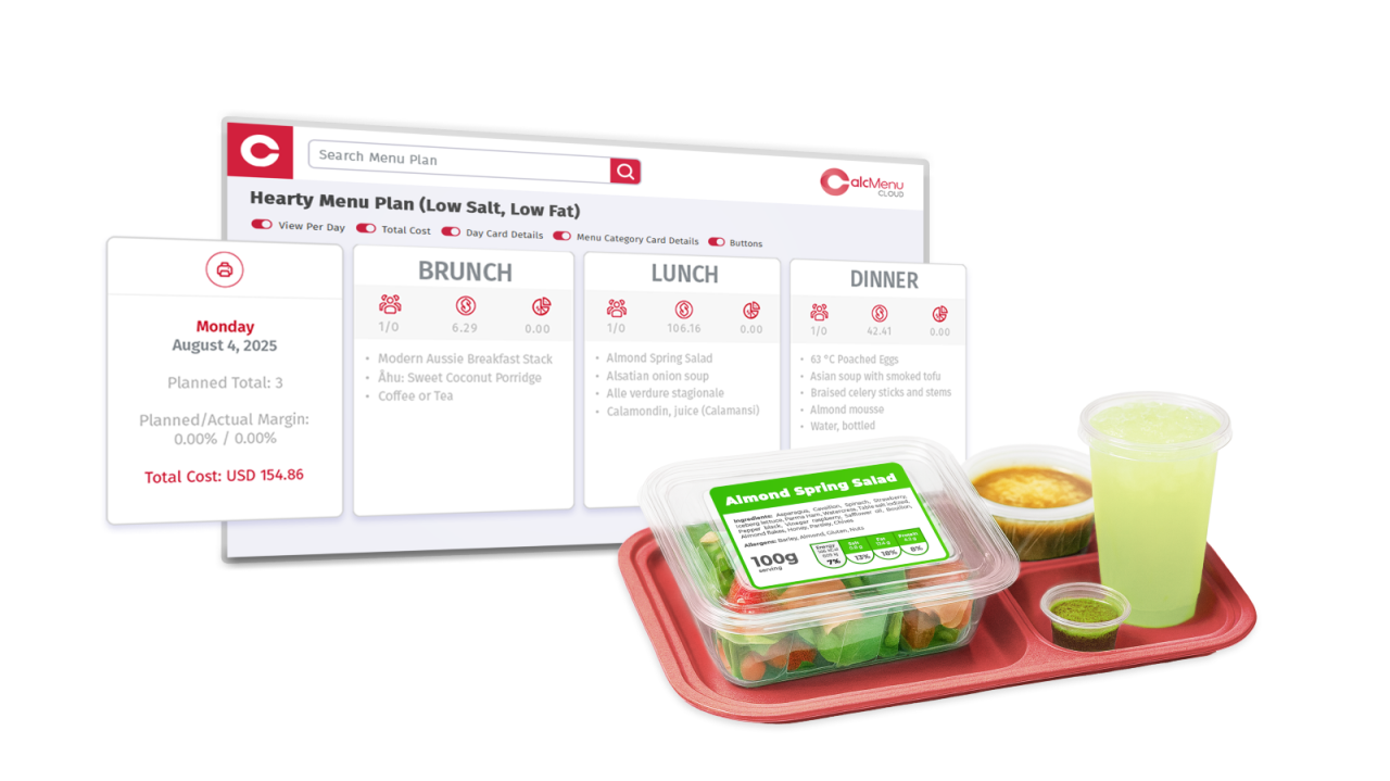 Menu planning interface with CalcMenu showcasing a nutritious meal tray for hospitals and healthcare foodservice.