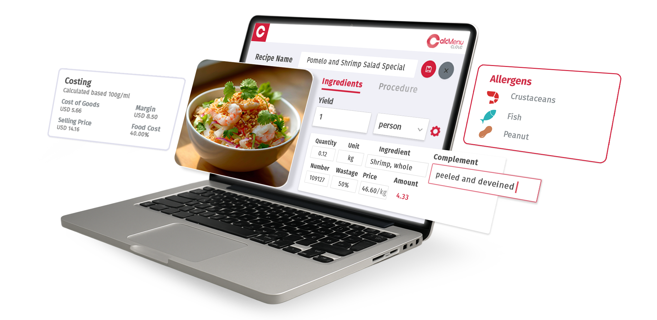 Recipe costing, allergens, and ingredients displayed in CalcMenu on a laptop.