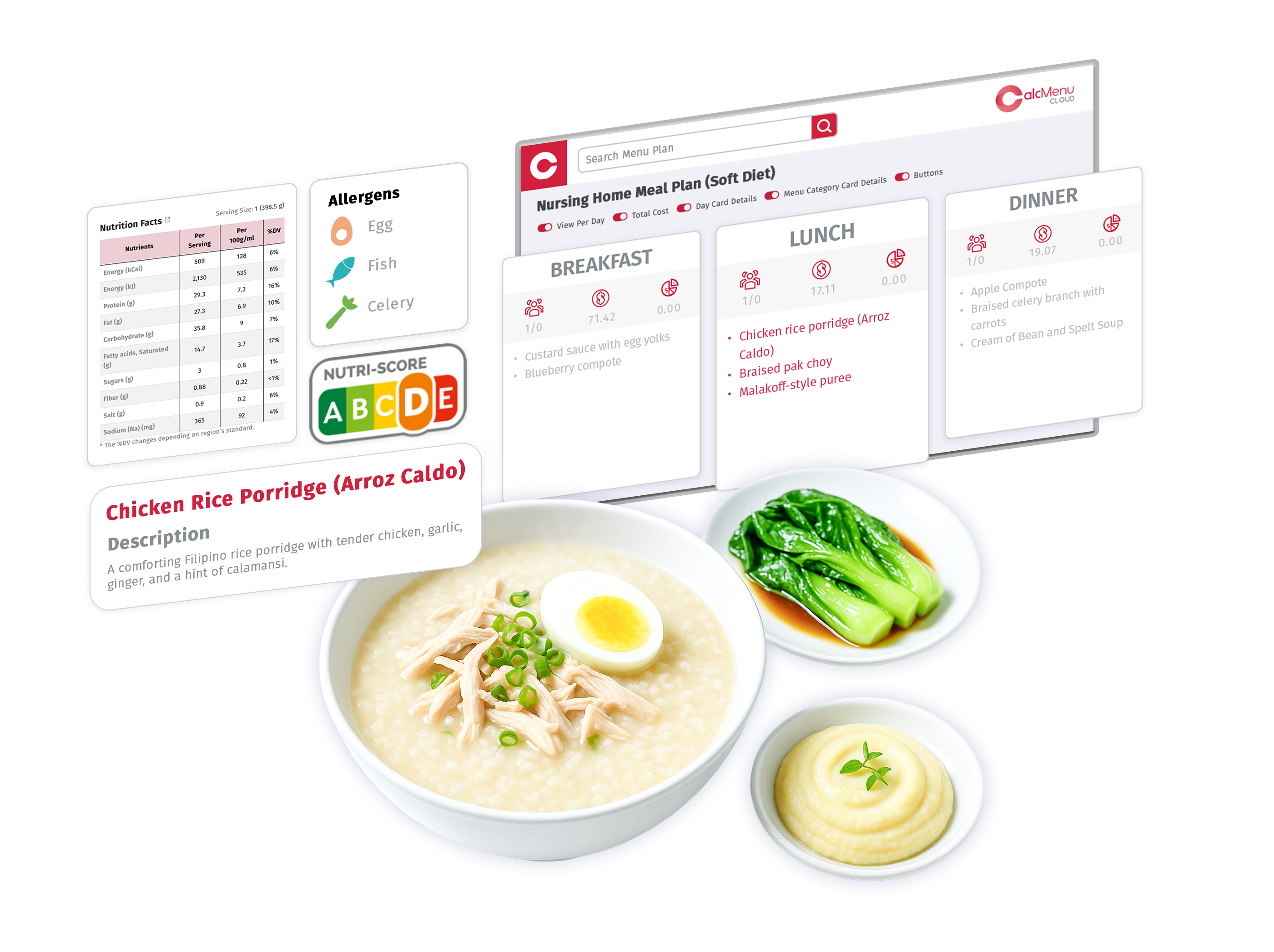 CalcMenu meal planner showing nutrition, allergens, and soft diet menu with Chicken Rice Porridge